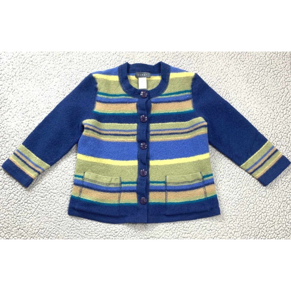 Vtg Koret Striped Wool Cardigan Sweater Fits XS Small Cropped Blue Green Multi